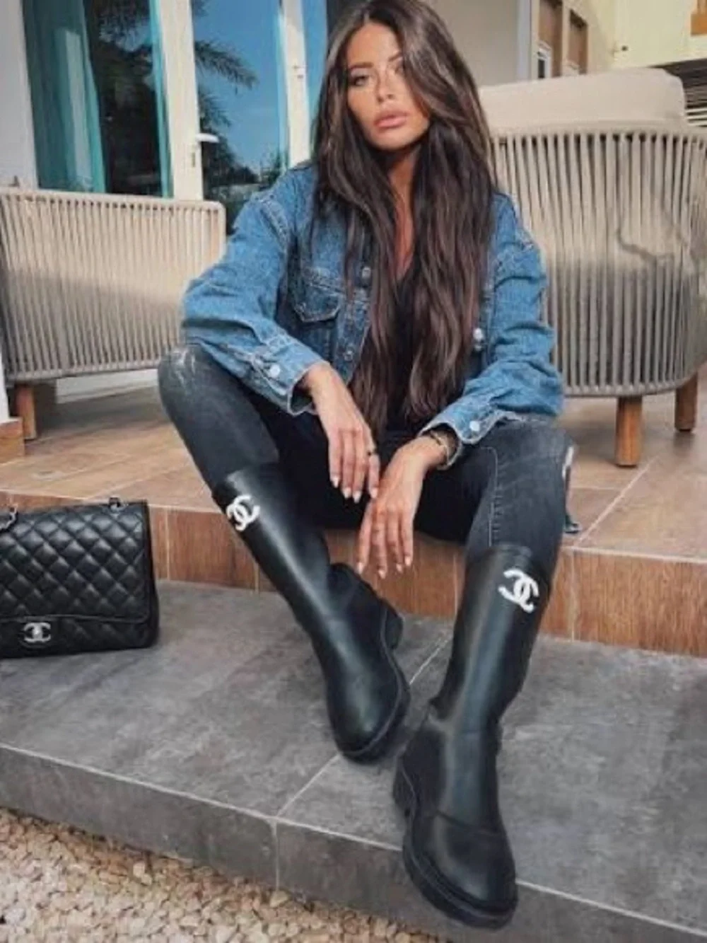 CHANEL Black Logo Knee-High Leather Boots